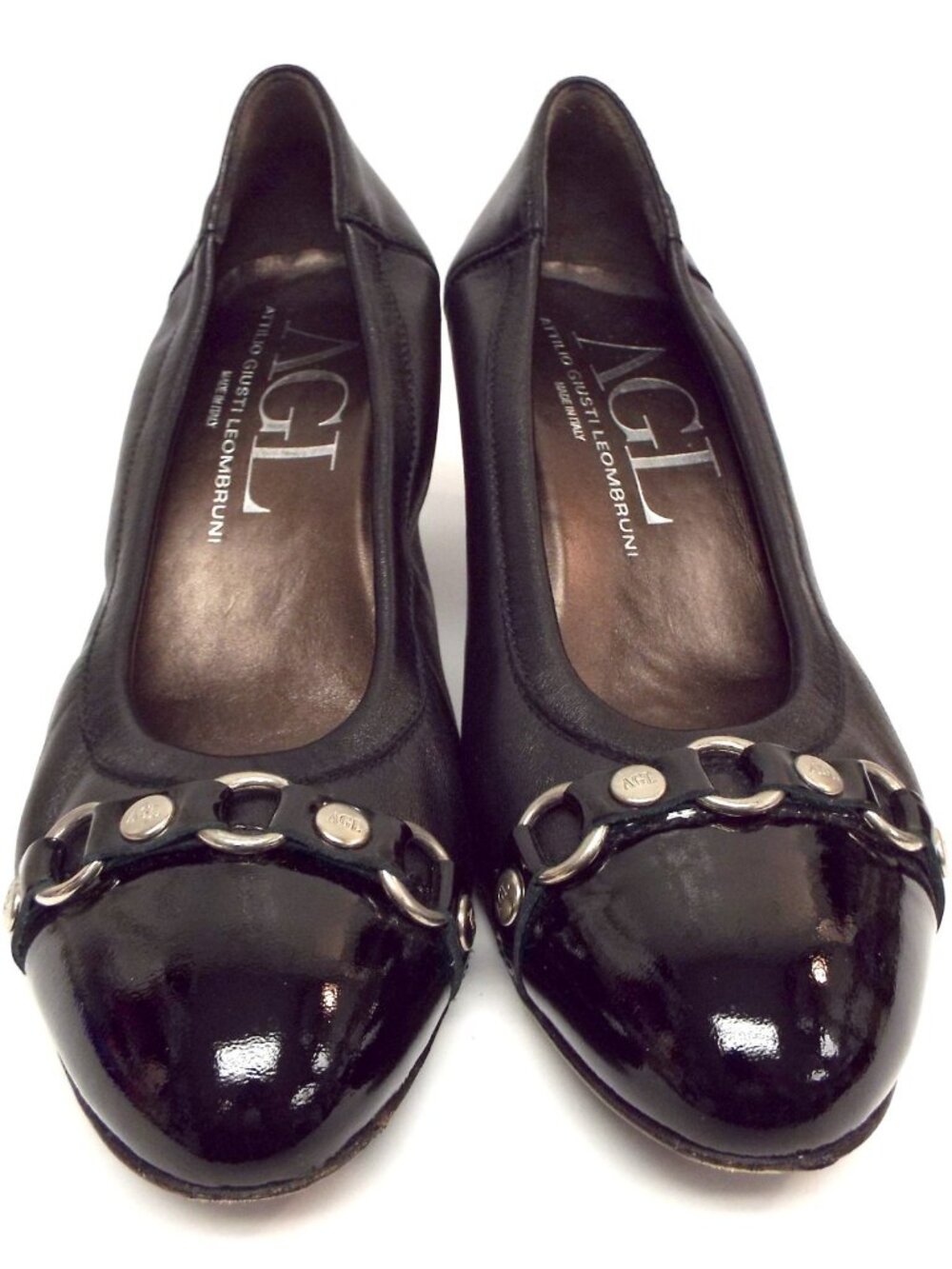 Attilio Giusti Leombruni AGL Logo Button Belted Cap Toe Black Heels Pumps 38